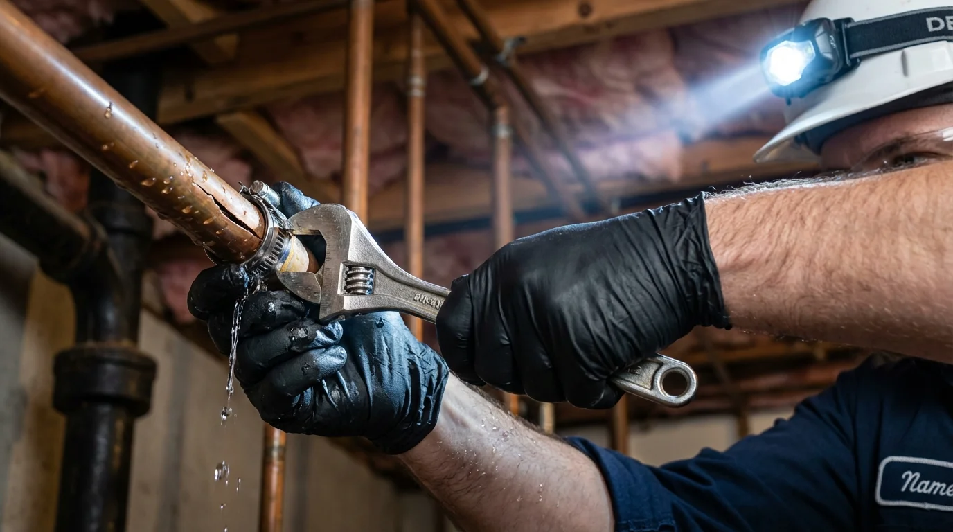 Emergency pipe clamp repair being performed by a Johns Plumbing LLC plumber in Abilene