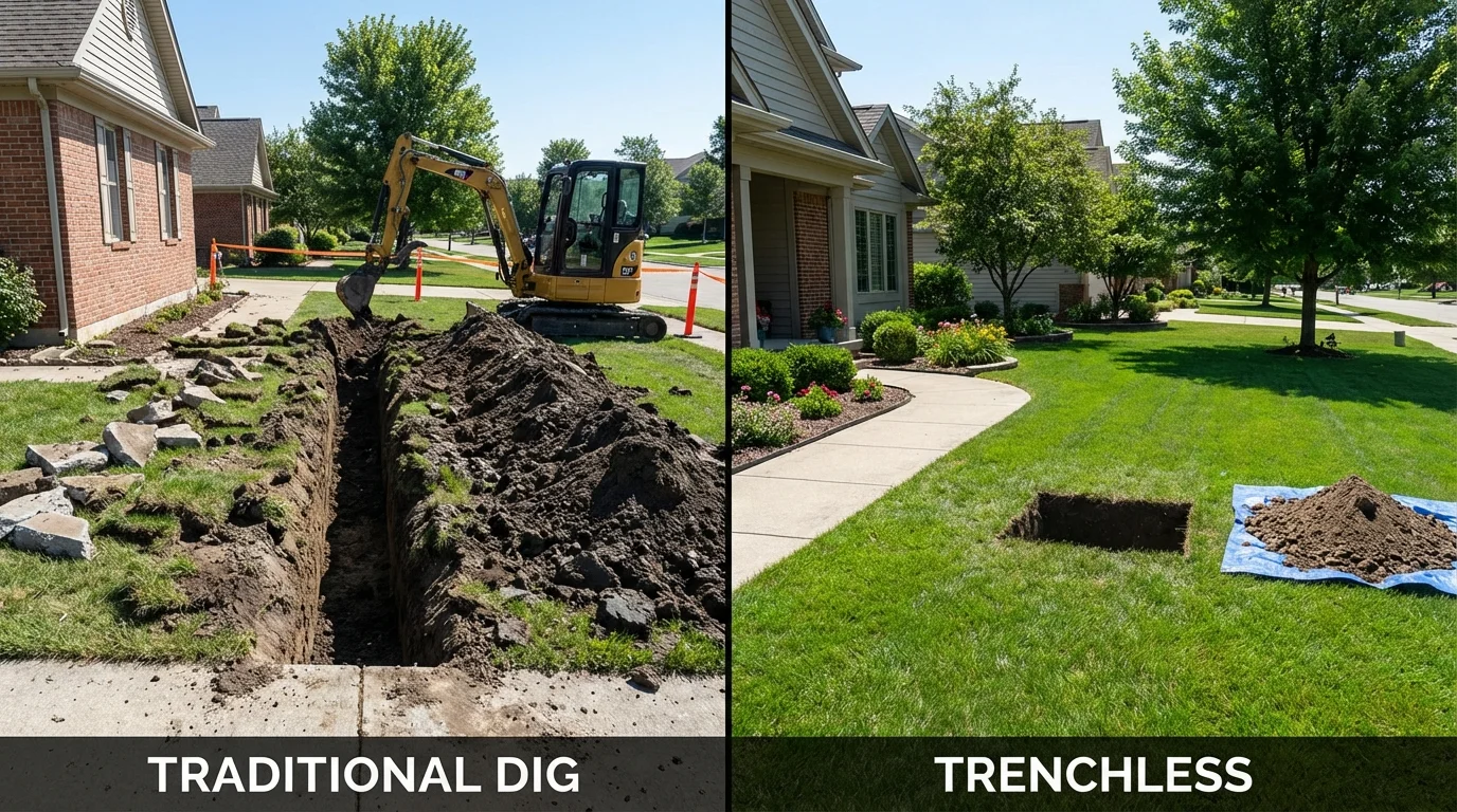 Trenchless sewer repair with minimal yard damage versus traditional excavation in Abilene, KS